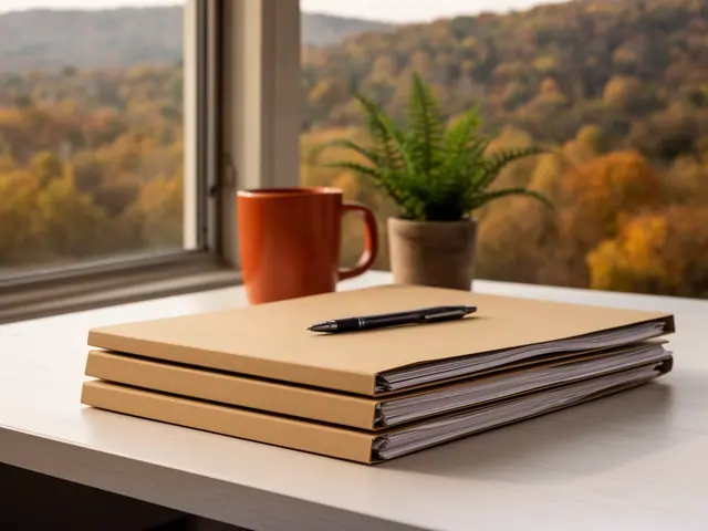 A neat stack of closed manila folders and a pen on a desk by a window.