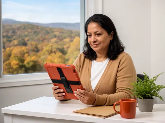 A woman with shoulder-length dark hair reviewing a tablet at a desk in a small back office.