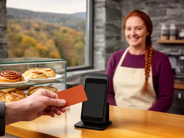 A customer taps an orange card on a counter terminal at a bakery with cinnamon rolls.