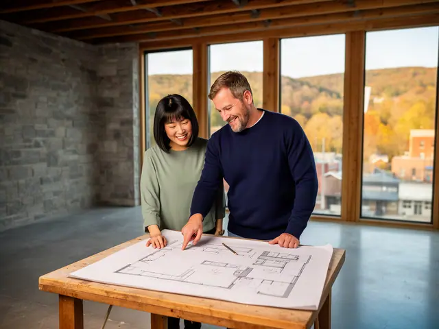 Two business partners looking over a pencil floor sketch in an empty storefront.