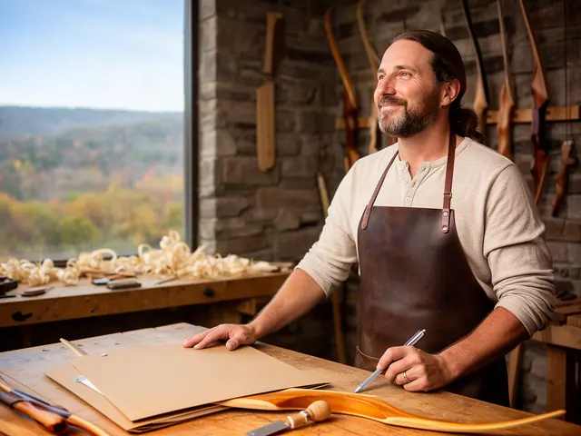 A smiling bowyer in a leather apron at a workbench with a wooden longbow, shavings and a closed folder.
